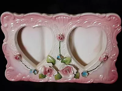 Vintage Handcrafted Ceramic Double Heart Wallet Size Picture Frame • $10