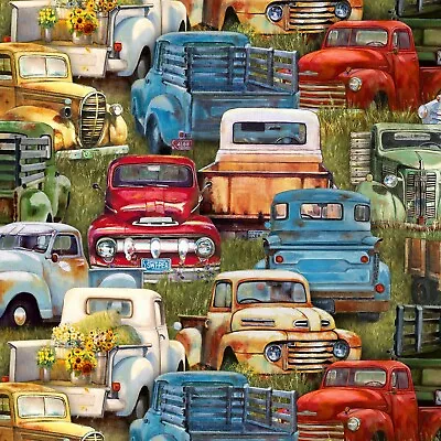 Vintage Trucks Fabric BTY Old Farm Trucks ES 21002E-GRN TheFabricEdge • $15.99