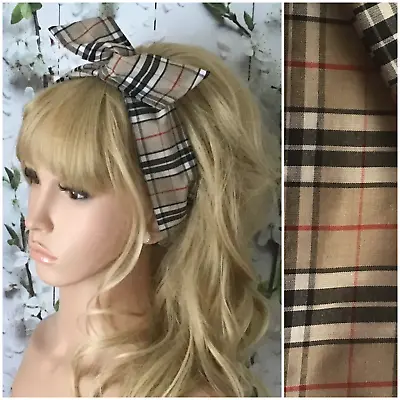 Beige Tartan Check Cotton  Bendy Wire Hair Wrap Head Band Wired Bow Retro • £4.99