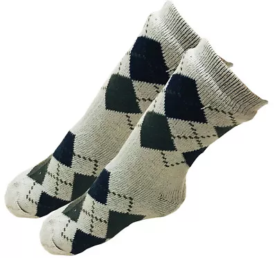 Mens Thick Knit Sherpa Fleece Slipper Socks Gray Base Argyle 10-13 • $8.89