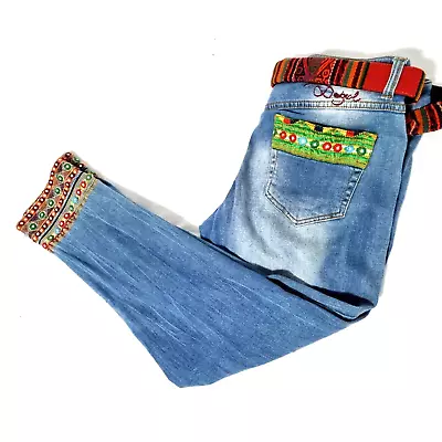 Desigual Pakaian Jadi Wanita Embellished Denim Jeans Size 32 L27 Ankle Zip Belt • $89.95