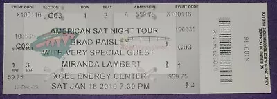 Brad Paisley Miranda Lambert 1/16/2010 Ticket Stub American Sat Night Tour Excel • $10