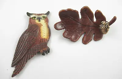 2 Vintage Leather Brooches Pins - Owl And Oak Leaf • $22