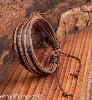 Fashion Mens LEATHER WRIST BAND BRACELET MULTI WRAP HEMP SURFER BRAID CUFF Brown • £3.59