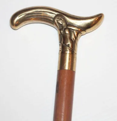 Vintage Brass Nude Female Mermaid Handle Walking Stick Cane Brown Wood Shaft 37  • $49.99