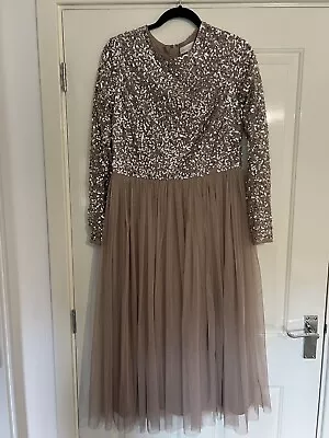 Maya Deluxe Dusky Pink Net Sequin Long Sleeve Bridesmaid Dress 14 Prom • £14.99