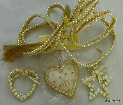 Vintage Victorian Style Pearl/Gold Christmas Decor Heart Star Garland W/tassel • $14.99