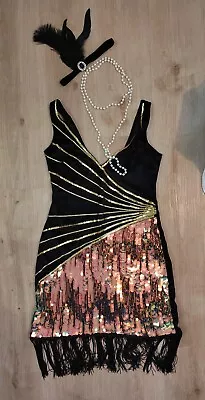 Charleston Flapper Gatsby Dress Lady Size S With Accessories  1920s Themed Party • £15.99