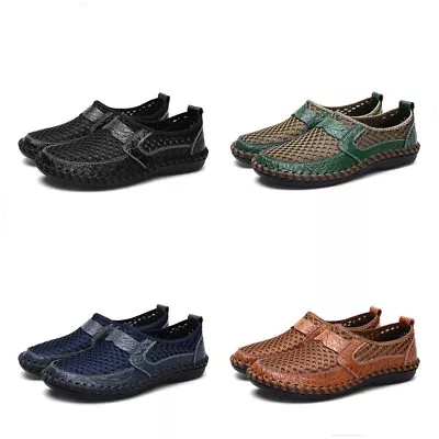 Mens Leather Casual Loafers Breathable Driving Moccasins Slip On Mesh Shoes Size • £14.99