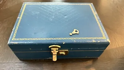 Vintage Leatherette Jewelry Box Two Tier Lock KEY Blue Velvet Locking • $14.99