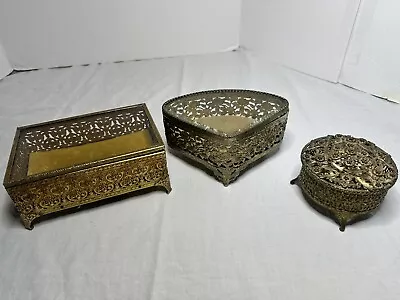 Vintage Beveled Glass Filigree Jewelry Casket Gold Tone Box Dresser Boxes Lot 3 • $41