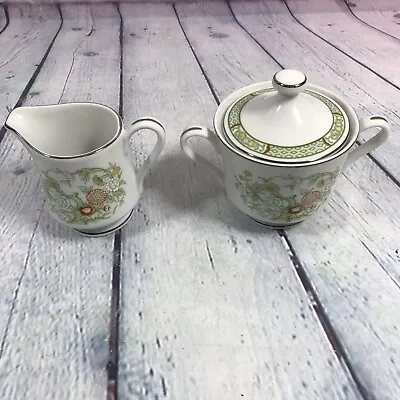 Mikasa Fine China KABUKI L9011 Creamer And Sugar Bowl W Lid Green Floral Japan  • $35