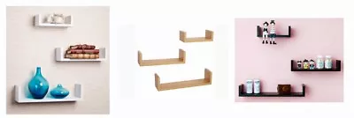 Set Of 3 U Shape Floating Wall Storage Shelves In Black Oak And White Colours • £10.99