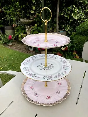 Vintage Plates Mismatched Beautiful Pink Florals 3 Tier Cake Stand • £16