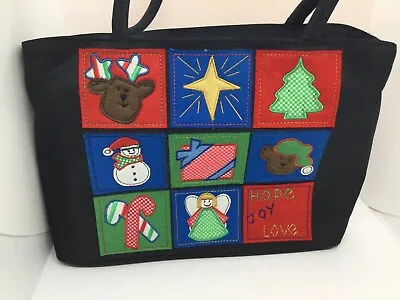 Kim Rogers Black Patchwork Christmas Purse/Shoulder Bag 9 Windows Double Handles • $12
