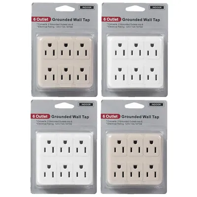 4Pk Grounded Wall Outlet Tap Charger Power Adapter Electrical 6 Way Plug AC 125V • $31.44