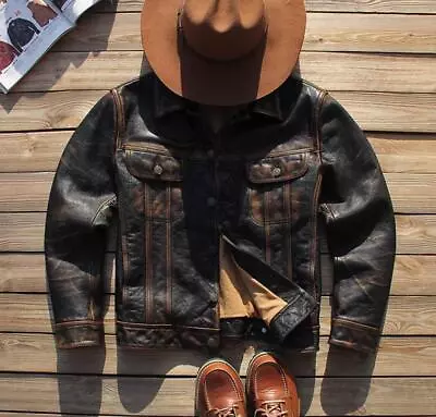 Vintage Real Leather Jacket Men's Knight Lapel Cropped Coat Single-breasted Tops • $245.39