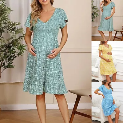 Pregnant Women Floral V-Neck Ruffle Midi Dress Pregnancy Maternity Wear Sundress • $28.39