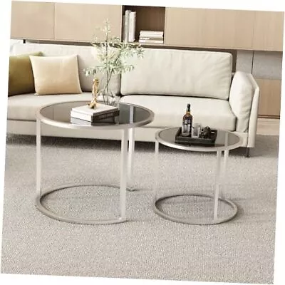 Nesting Coffee Table Set Of 2 Modern Tempered Glass Coffee TableMetal Silver • $188.17