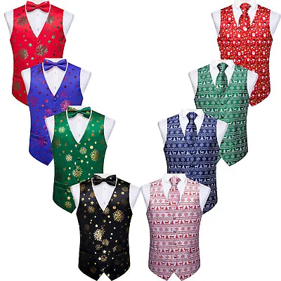 Mens Christmas Formal Waistcoat Black Gold Snowflake Suit Vest Tuxedo Silk Tie • $19.99