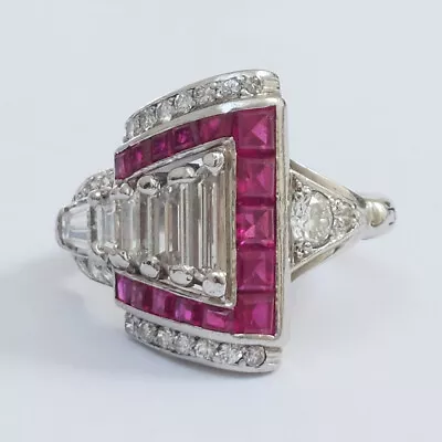 Geometric Late Art Deco Ruby Ring 14K White Gold 1.99Ct CZ Princess Ruby Ring • $305.88