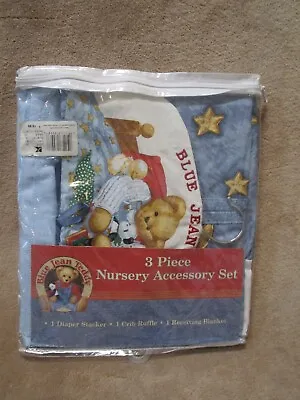 Blue Jean Teddy 3 Piece Nursery Accessory Set Vintage Diaper Stacker Crib Ruffle • $49.99