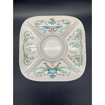 Vintage Serving Tray Chip And Dip Melamine Melmac Penna Dutch Symbols Birds Blue • $24.65