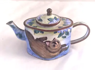 Vintage Hand Painted Blue Tone Copper Tin Enamel  Brown Cat  Miniature Teapot • $21