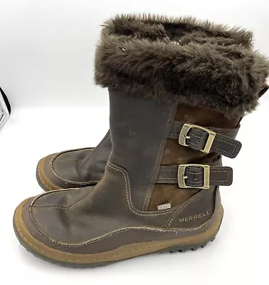 Merrell Womens Decora Chant Winter Boots Leather Buckles Side Zip Brown Size 8 • $44.99