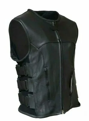 Swat Style Leather Vest Mens Motorcycle Biker Tactical Black Stretch Elastic  • $58.50