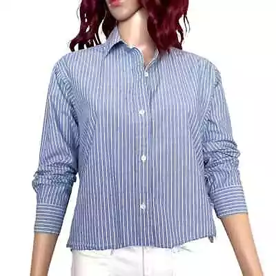 Madewell Chambray Striped Button Down Womens XXS Blue White Raw Hem Loose Fit • $24.98