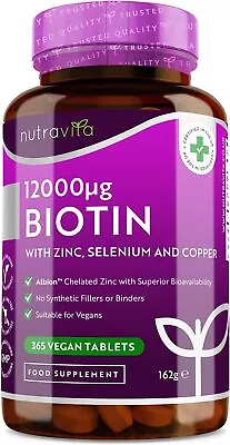 Biotin 12000µg + Albion™ Zinc Selenium Copper - 365 Tablets - Hair Skin Nails • £15.99