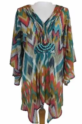 Per Una Kaftan Size 18 Teal Coral Navy Ikat Print Beaded Chiffon Sheer Hanky Hem • $14.80