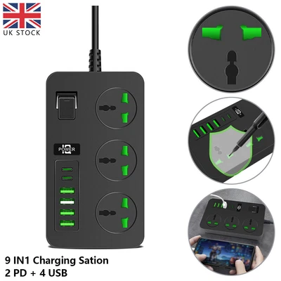 £14.77 • Buy 3000W Extension Lead  4 USB 2 PD Port 3 Way Power Strips + Overload Protection
