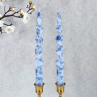 9.8   Blue & White Printed Taper Candles Set Of 2 Unscented Spiral Dinner Candle • $17.99
