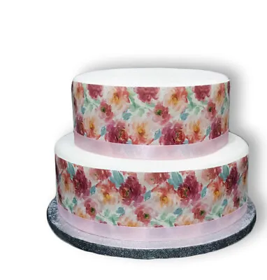 Decor Icing Sheet Watercolour Peony Floral Flower Border Edible Cake Topper • £3.49