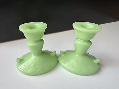 Vtg McKee Jadeite Green Uranium Laurel Candle Holders Pair Set 1930s* • $74.97