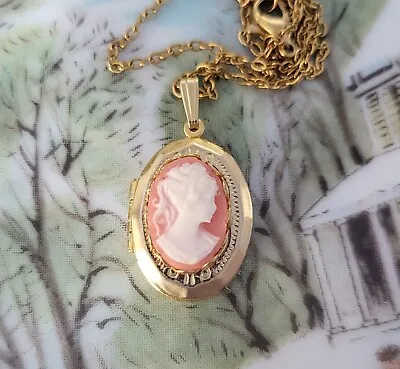 Victorian Style Pink CAMEO LOCKET PENDANT Made W/ VINTAGE Materials • $16