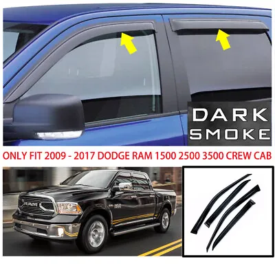 $32.99 • Buy For 2009-2017 Dodge Ram 1500 Crew Cab Smoke Window Visors Rain Guards Vent Shade