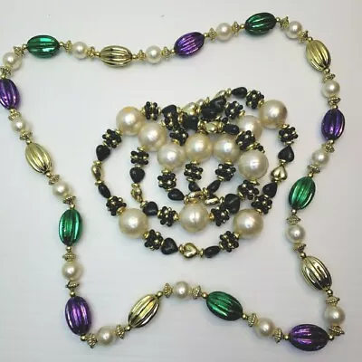 Vintage Mardi Gras Beads Chunky Black White Green Big Large 22” • $10.99