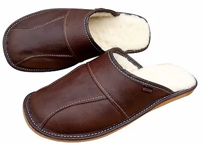 Men's Sheepskin Slippers Brown Wool Leather House Shoes Size 6.5-11 Scuffs Mules • £8.99