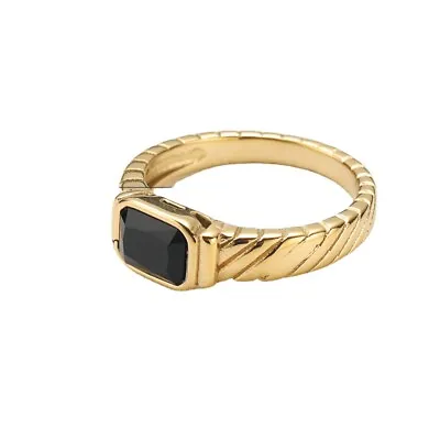 Women's Jewelry 18K Gold Plated Stainless Steel Black Onyx Twill Ring Size • £10.79