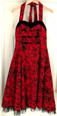 FIT & FLARE 1950s STYLE SWING DRESS H&R Size 14 RED & BLACK LACE TRIM NET LINING • £24.99