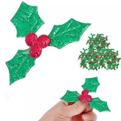 100 Christmas Holly Leaves Berries Appliques Laser Confetti Tree Wreath Cards • £2.94