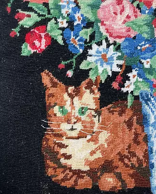 Vintage Wool Needlepoint COMPLETED Pillow Front Orange Cat With Bright Flowers • $34.99