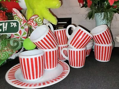 VTG Hazel Atlas Red Candy Stripe White Milk Glass Mugs • $29.99