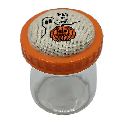 Halloween Glass Ball Jar Ghost Trick Or Treat Jack-O-Lantern Cross Stitch Lid • $13.87