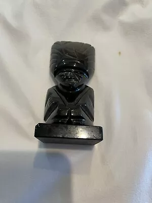 Black Onyx Obsidian Carved Statue Aztec Mayan Stone Figure Tiki Idol God 4 1/4  • $13