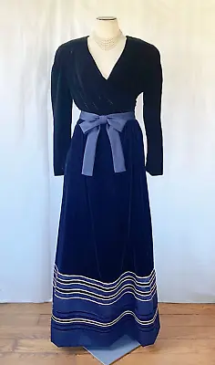 VINTAGE RIZKALLAH FOR MALCOLM STARR BLUE VELVET GOLD TRIM MAXI SKIRT 1970s M • $180