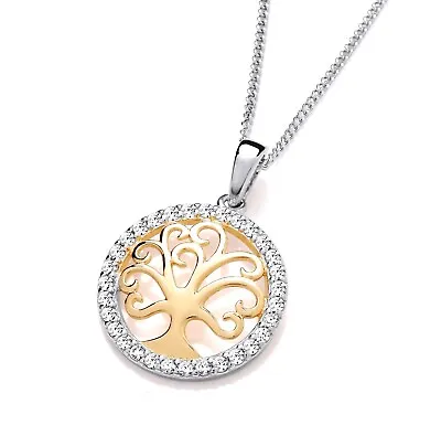 925 Sterling Silver & 9ct Gold Tree Of Life CZ Round Pendant Necklace + Chain • £15.95